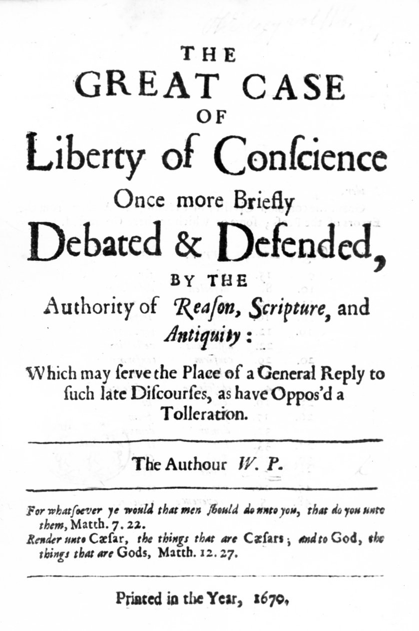 Titelside til The Great Case of Liberty of Conscience af William Penn, udgivet i 1670 af English School