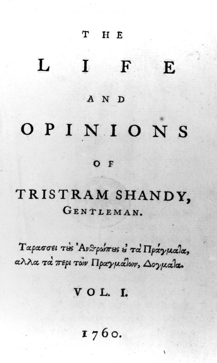 Titelside til The Life and Opinions of Tristram Shandy, Gentleman af Laurence Sterne, udgivet i 1760 af English School
