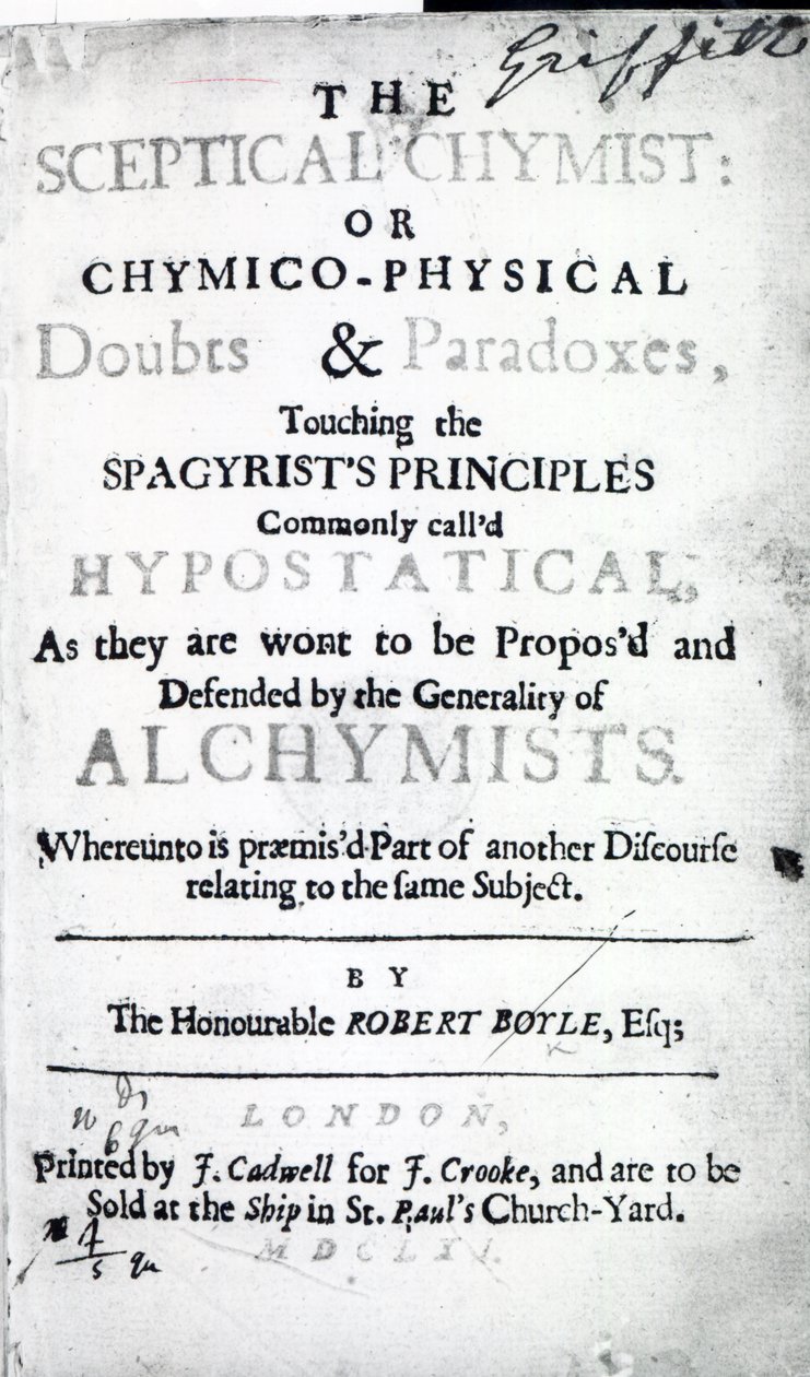Titelside til The Skeptical Chymist af Robert Boyle, 1661 (tryk) af English School