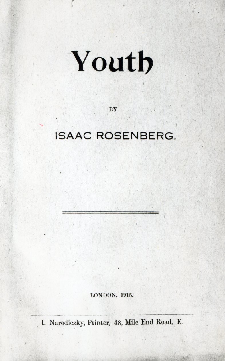 Titelside til Youth, en digtsamling af Isaac Rosenberg, første udgave 1915 (tryk) af English School