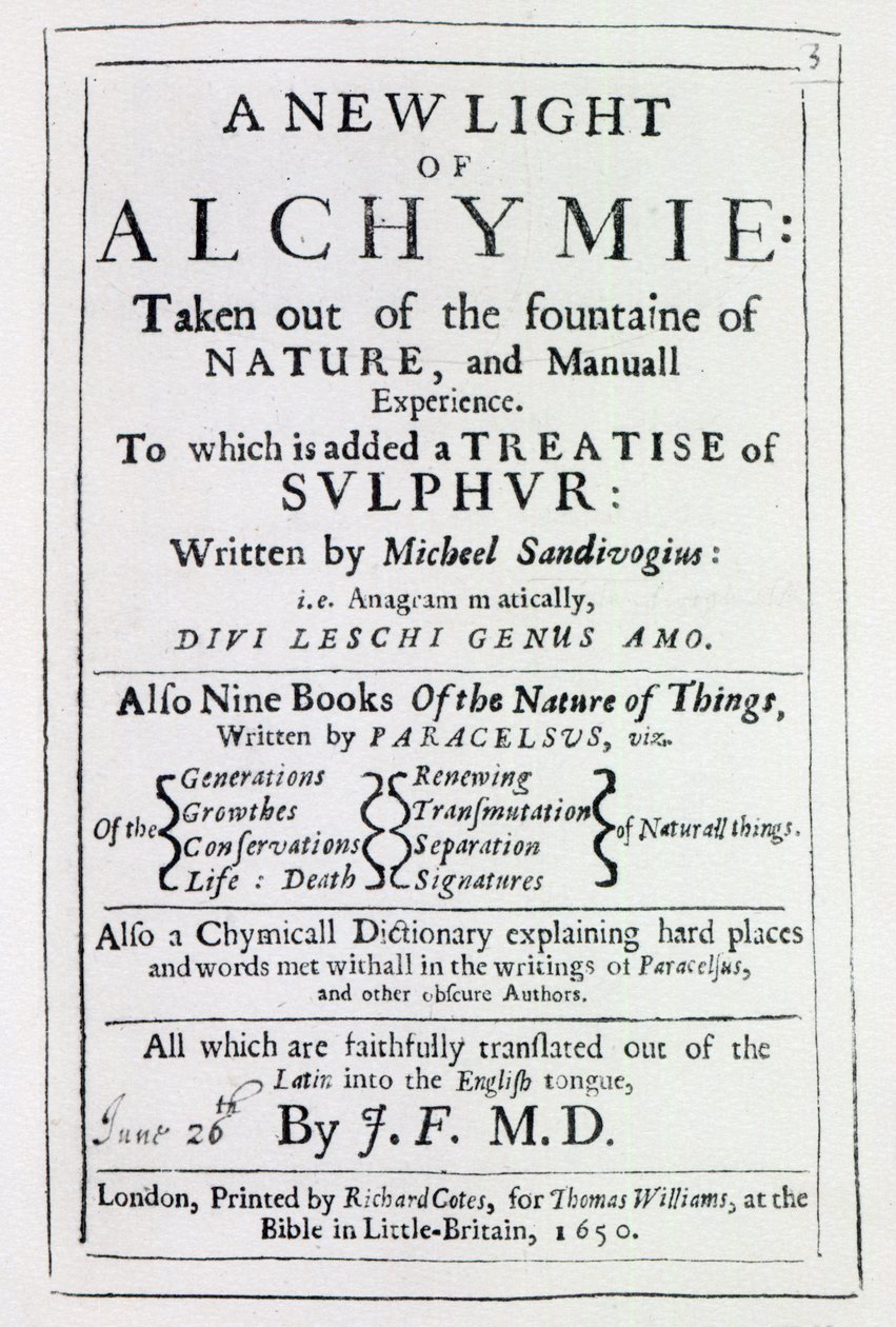 Titelside til den engelske udgave af A New Light on Alchemy af Michal Sedziwoj, 1650 (print) af English School