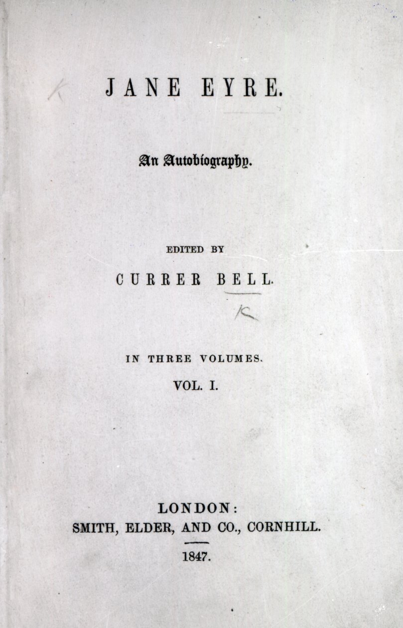 Titelside til den første udgave af Jane Eyre af Charlotte Bronte, 1847 (tryk) af English School