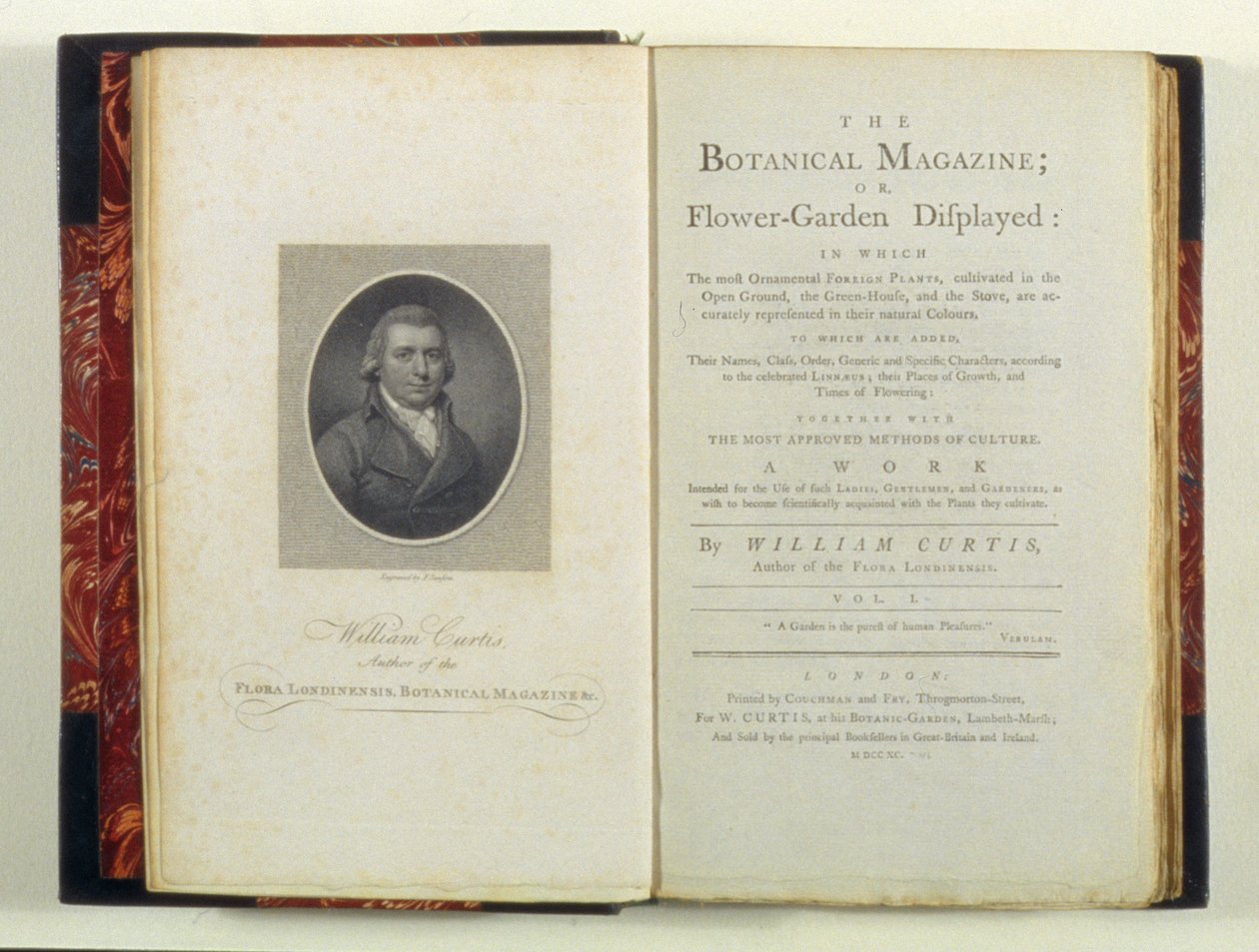 Titelside med portræt af William Curtis (1749-99), fra The Botanical Magazine or Flower-Garden Displayed, af William Curtis, udgivet 1790 af English School