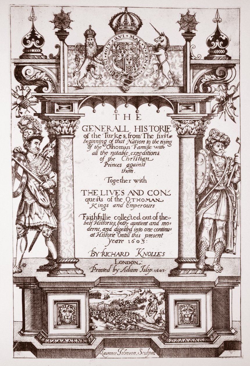 Titelblad, Knolles Generall Historie of the Turks, pub. af Adam Islip, 1603 af English School