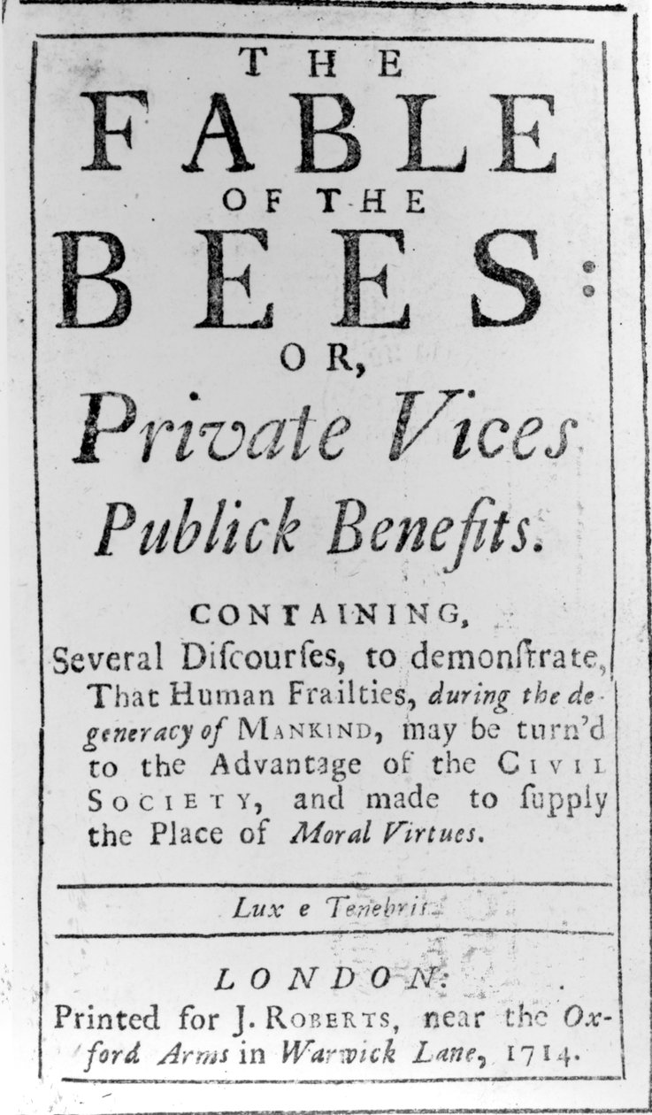 Titelblad til The Fable of the Bees af Bernard de Mandeville, 1714 af English School