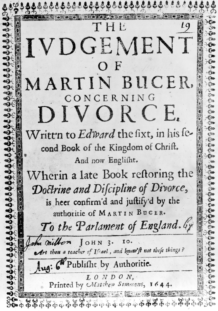 Titelblad fra The Judgment of Martin Bucer angående skilsmisse af John Milton, udgivet i 1644 (trykt papir) af English School