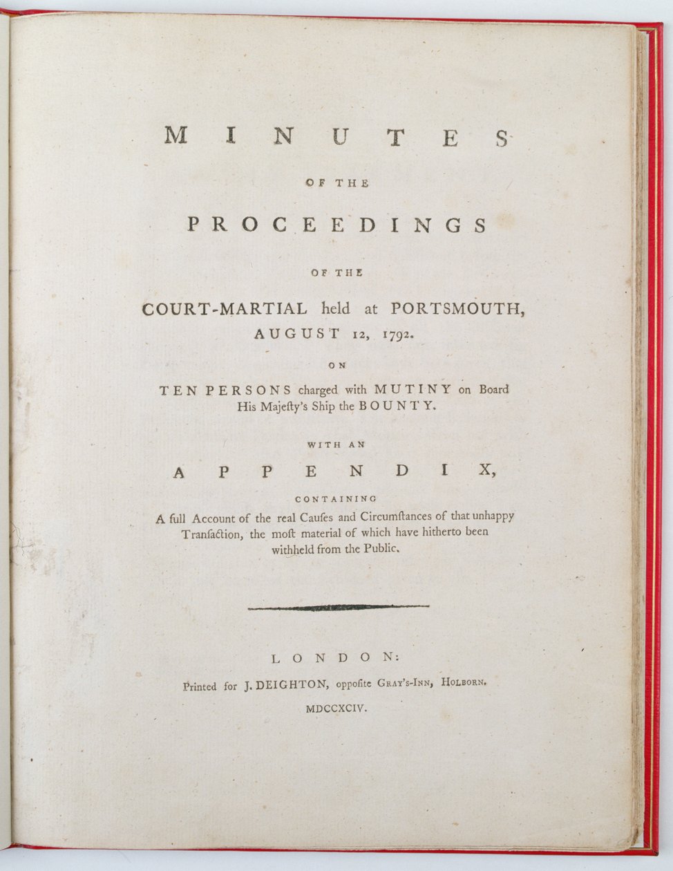 Titelblad til referatet af forhandlingerne ved krigsretten afholdt i Portsmouth, 12. august 1792, udgivet i London, 1794 (tryk) af English School
