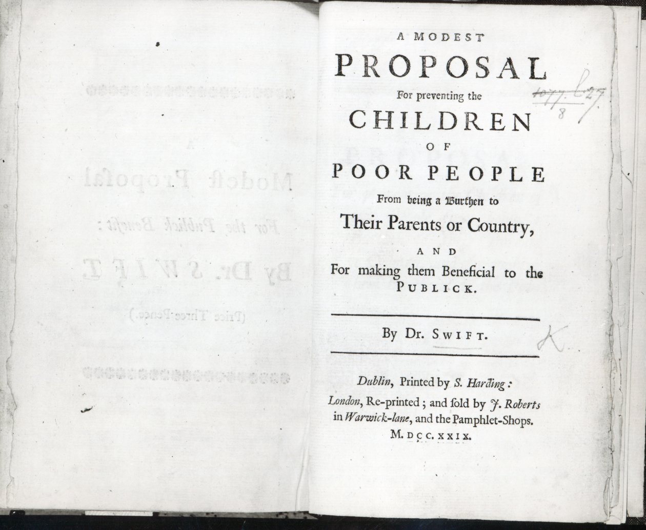 Titelblad til A Modest Proposal af Jonathan Swift, udgivet i 1729 (print) af English School