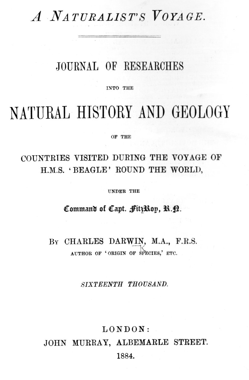 Titelblad til A Naturalists Voyage Around the World af Charles Darwin, udgave udgivet i 1884 (trykt papir) af English School