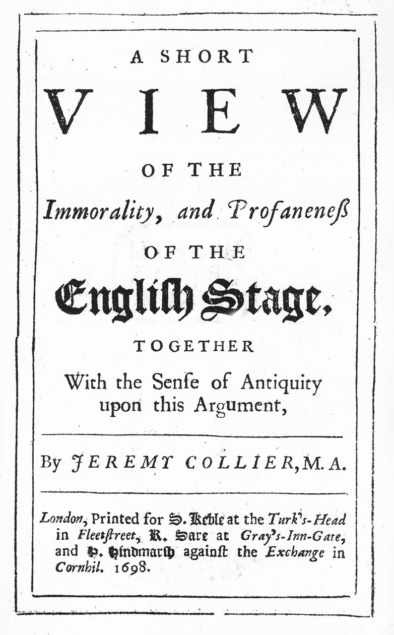 Titelblad til En kort oversigt over den engelske scenes umoral og profaneness af Jeremy Collier, 1698 (trykt papir) af English School