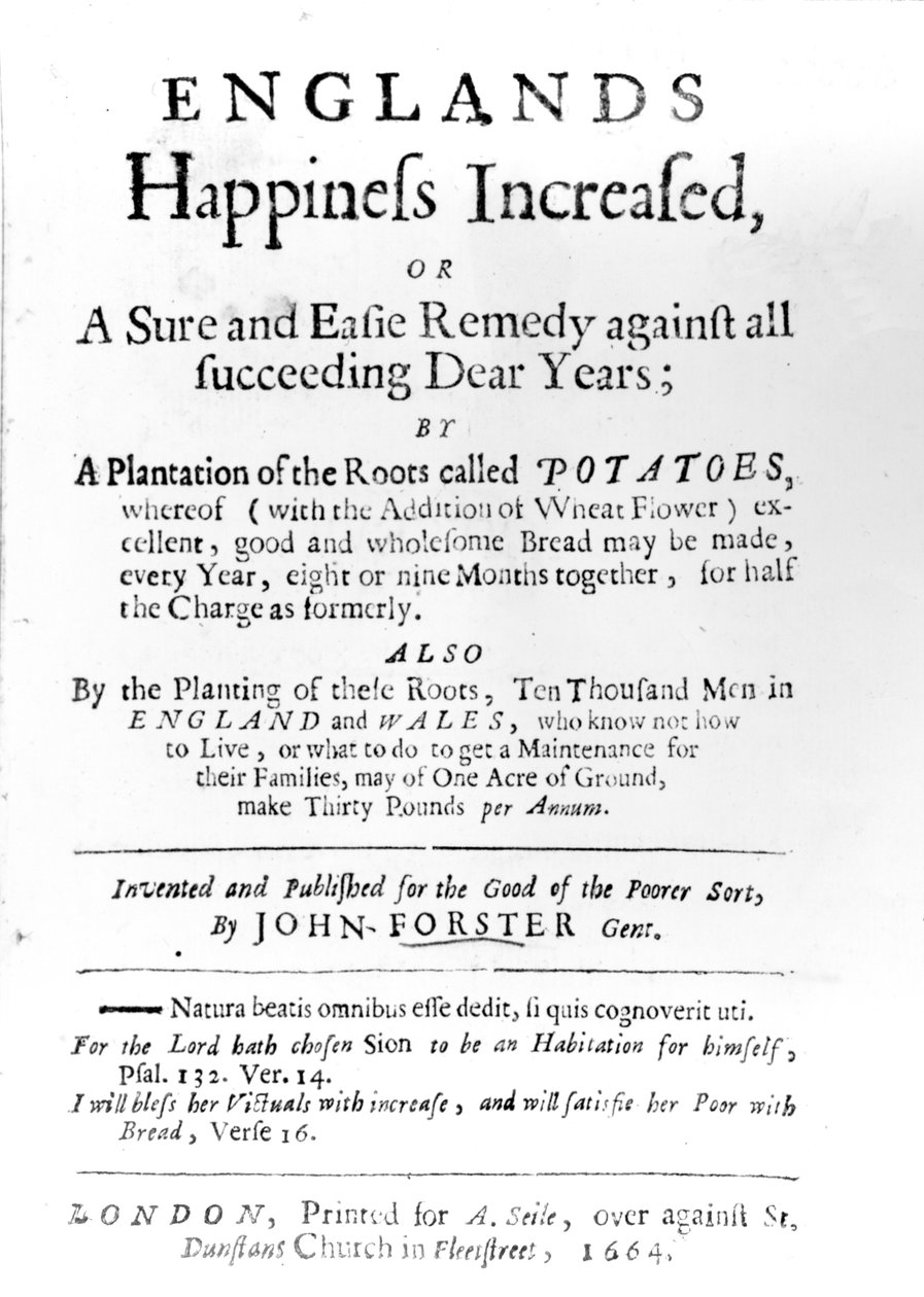Titelblad til Englands Happiness Increased af John Forster, udgivet i 1664 (trykt papir) af English School