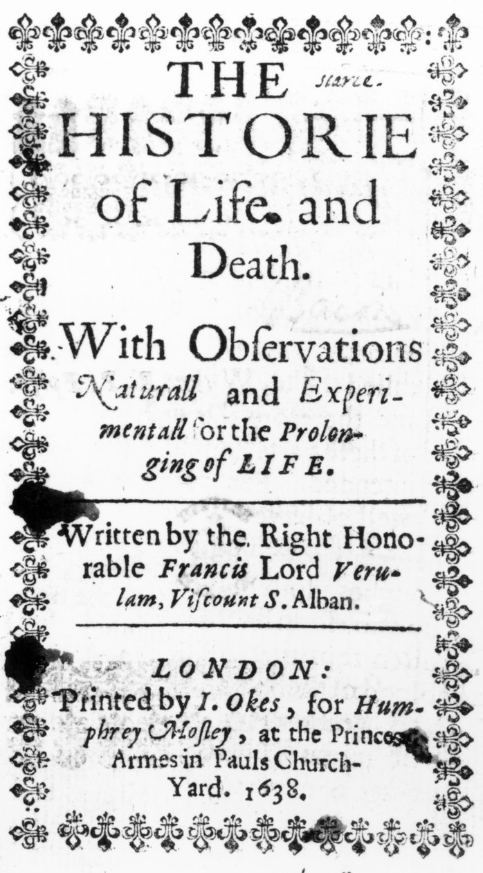 Titelblad til Francis Bacons The History of Life and Death, udgivet i 1638 (tryk) af English School
