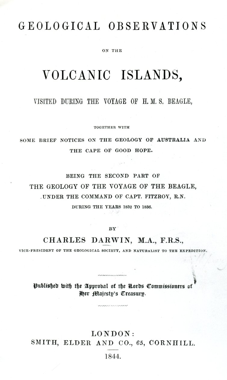 Titelside til geologiske observationer på de vulkanske øer af Charles Darwin, 1844 (trykt papir) af English School