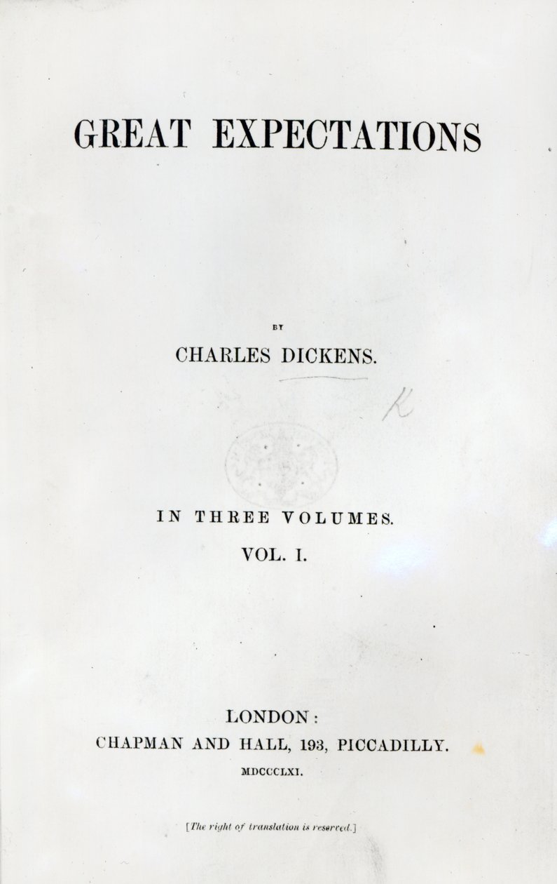 Titelblad til Great Expectations af Charles Dickens, første udgave bind, 1861 (tryk) af English School