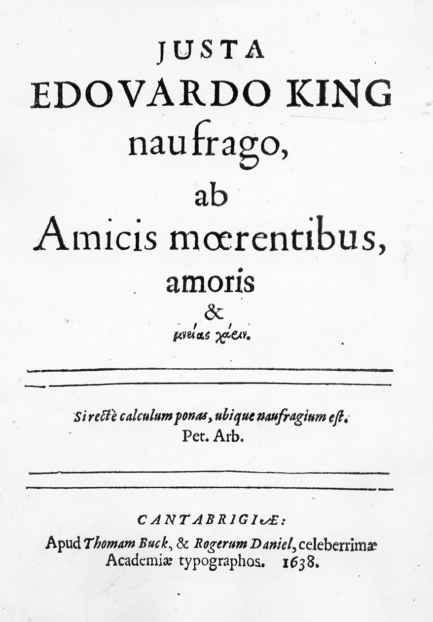 Titelblad til Justa Edward King, den skibbrudne skibbrudne ven fra kærlighedens sørgende og ... , udgivet 1638 (tryk) af English School