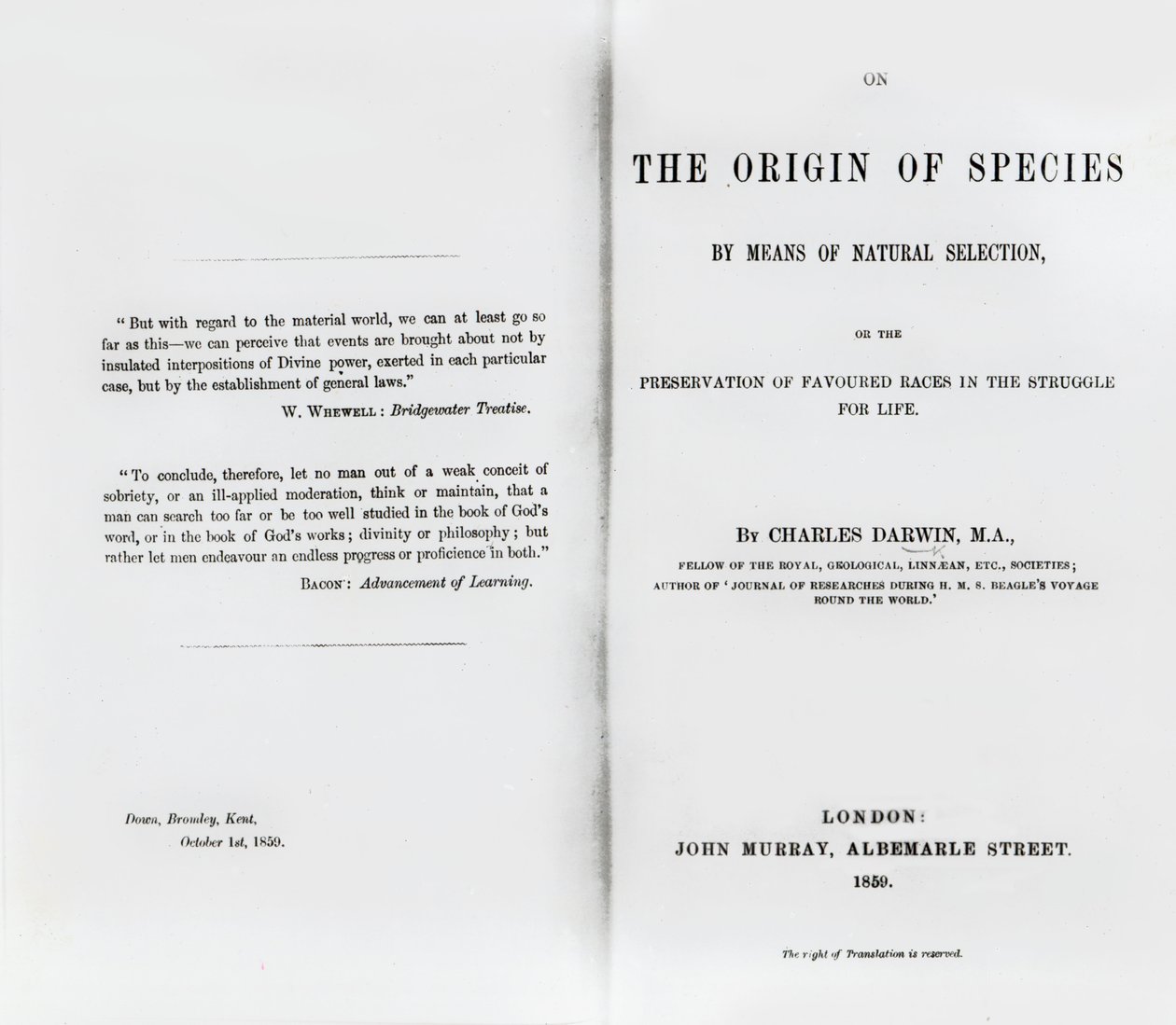 Titelblad til On the Origin of Species af Charles Darwin, udgivet i 1859 af English School