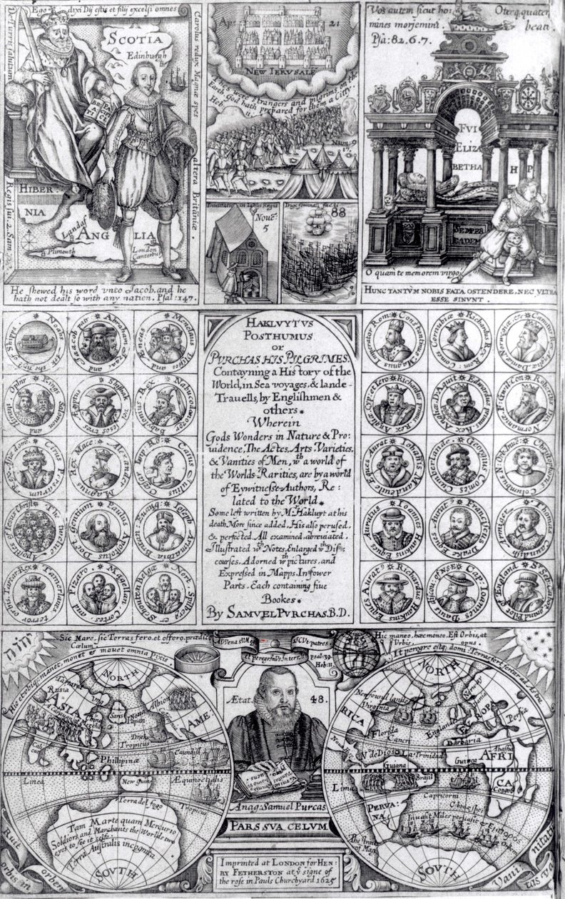 Titelblad til den første udgave af Hakluytus Posthumus or Purchas His Pilgrimes, udgivet 1625 af English School