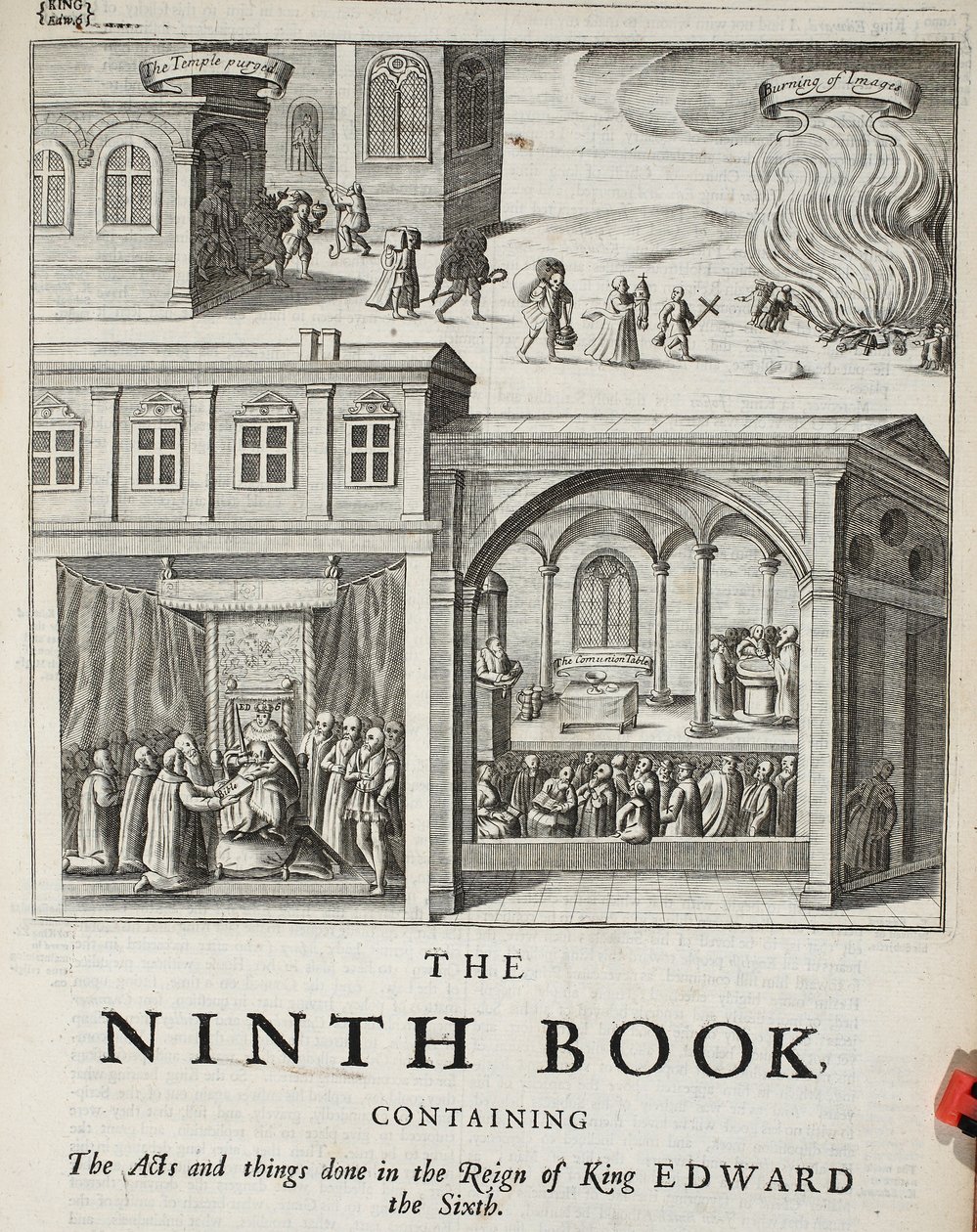 Titelblad til den niende bog, illustration fra Acts and Monuments af John Foxe, niende udgave, pub. 1684 af English School
