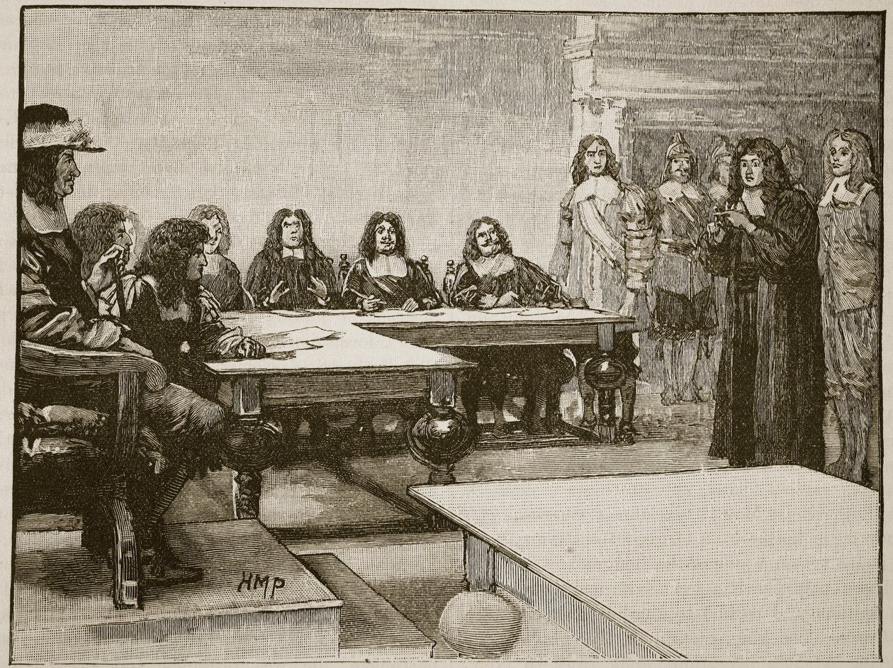 Titus Oates før Privy Council, illustration fra Cassells Illustrated History of England (sepia foto) af English School
