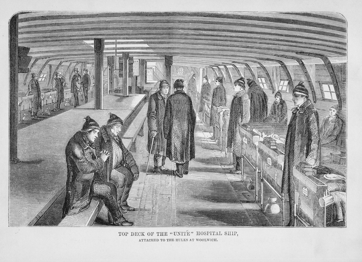 Topdæk på Unite Hospital Ship Attached to the Hulks i Woolwich, fra The Criminal Prisons of London og Scenes of Prison Life, af Henry Mayhew (1812-87) og John Binny, 1862 af English School