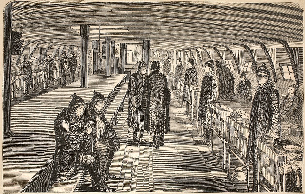 Øverste dæk på Unite-hospitalskibet, fastgjort til hulkene ved Woolwich, illustration fra The Criminal Prisons of London og Scenes from Prison Life af Henry Mayhew og John Binny, pub. 1862 (gravin af English School