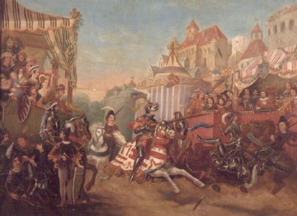 Turnering i Calais i 1416, skildrer Richard, jarl af Warwick, der afspiller Collard Fynes (panel) af English School