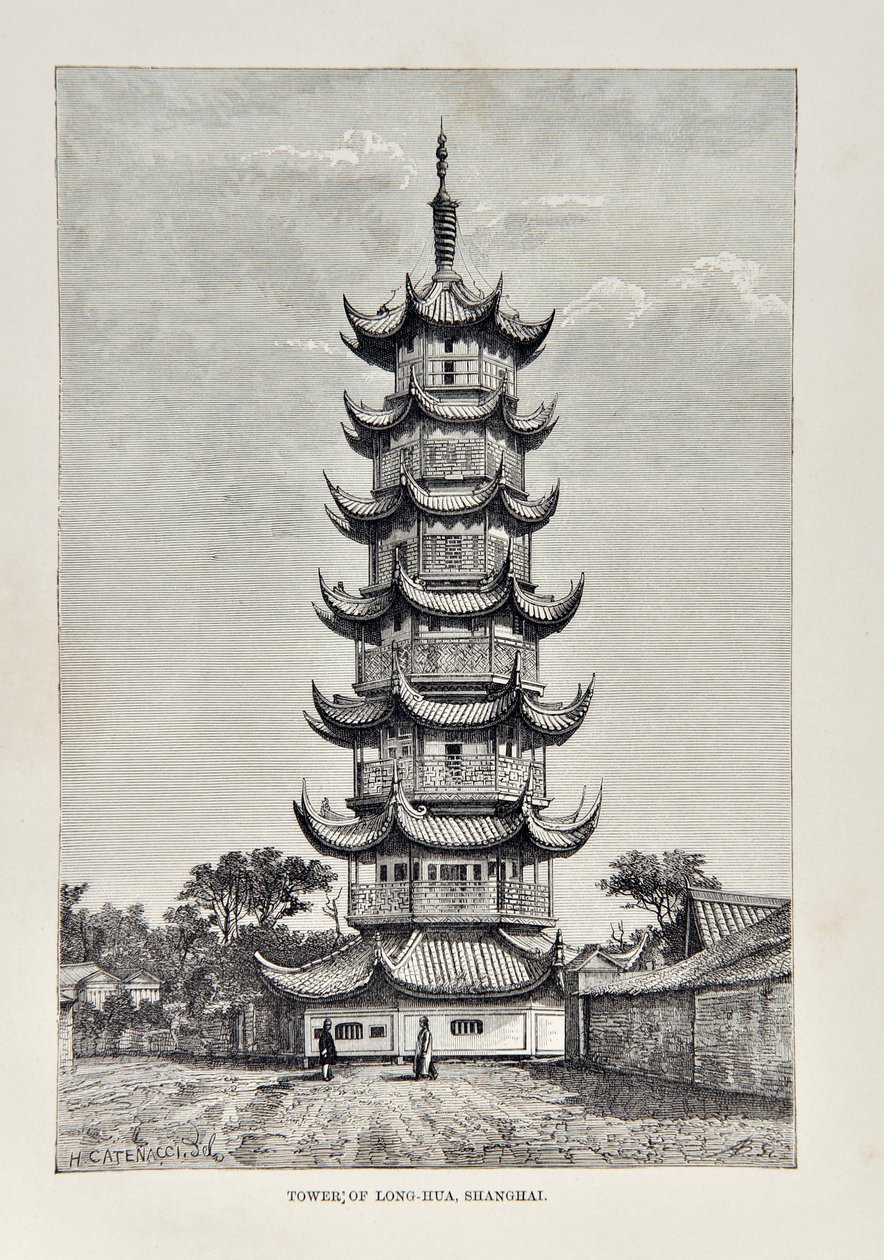 Tower of Long Hua, Shanghai, illustration fra The Universal Geography, the Earth and its indbyggere, udgivet 1878 af English School