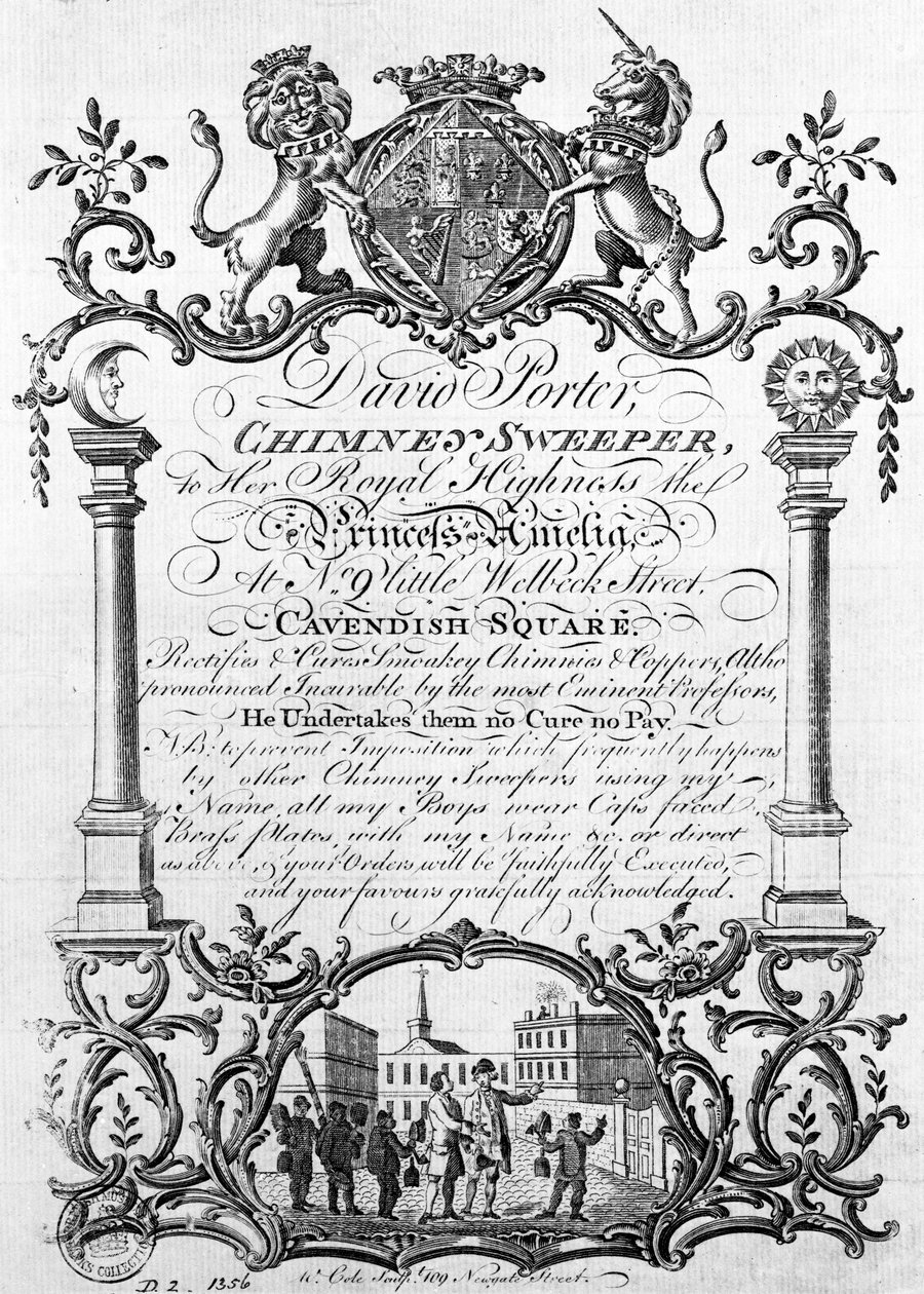 Trade Card af David Porter, Skorstensfejer og Natmand, 1800-tallet af English School
