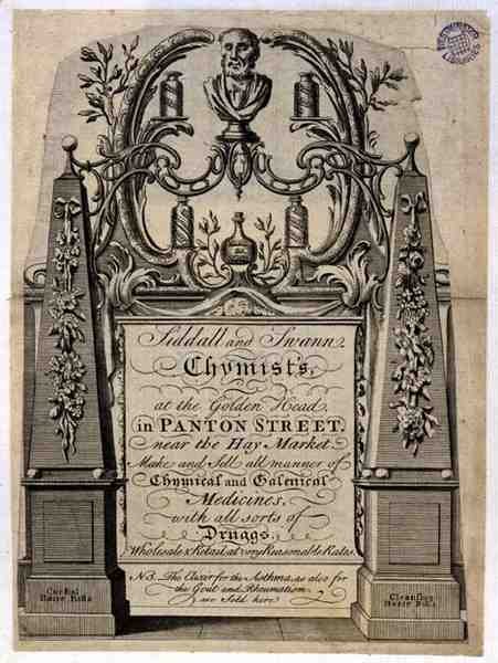 Handelskort for Siddall og Swann, kemikere, på Golden Head, Panton Street, London (gravering) af English School