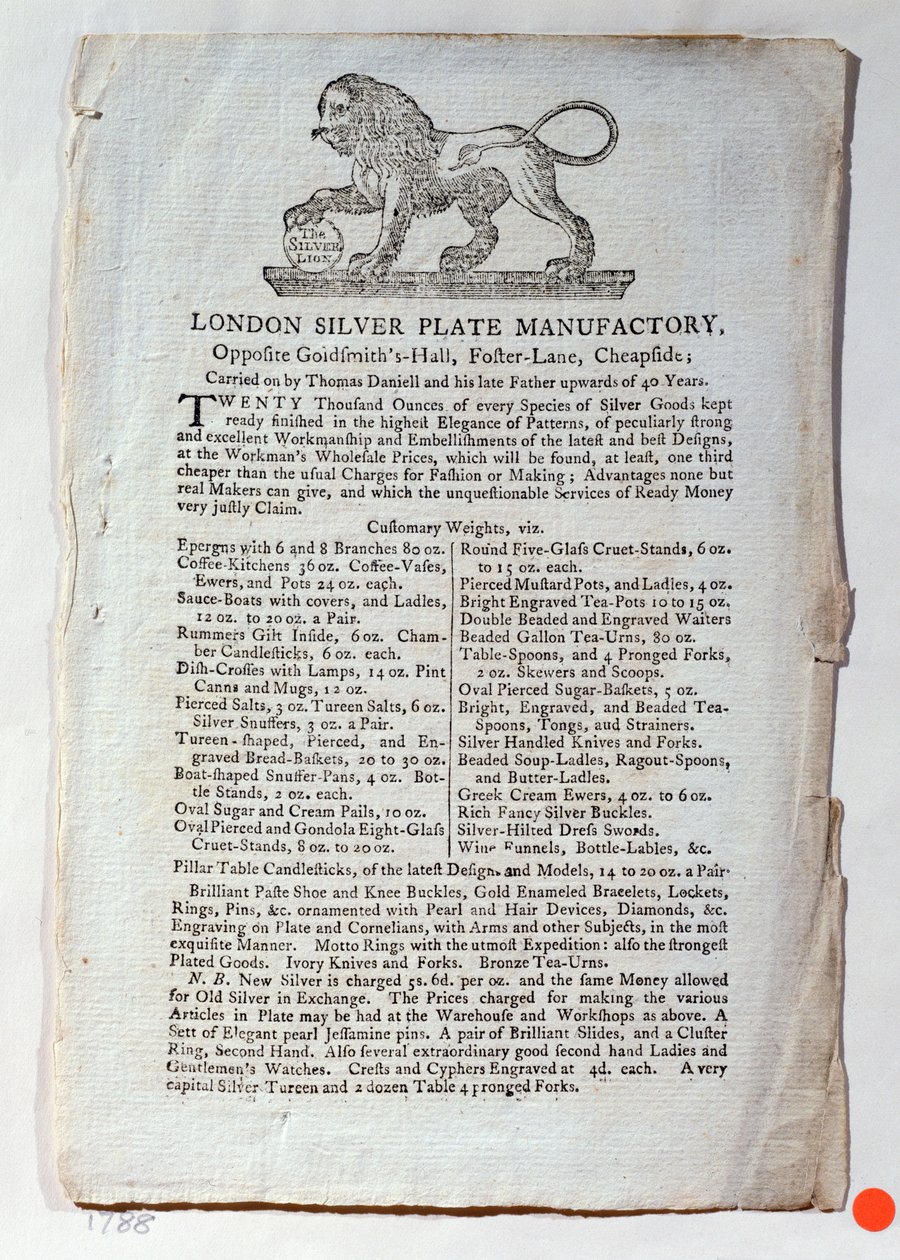 Handelskort for London Silver Plate Manufactory, 1788 af English School