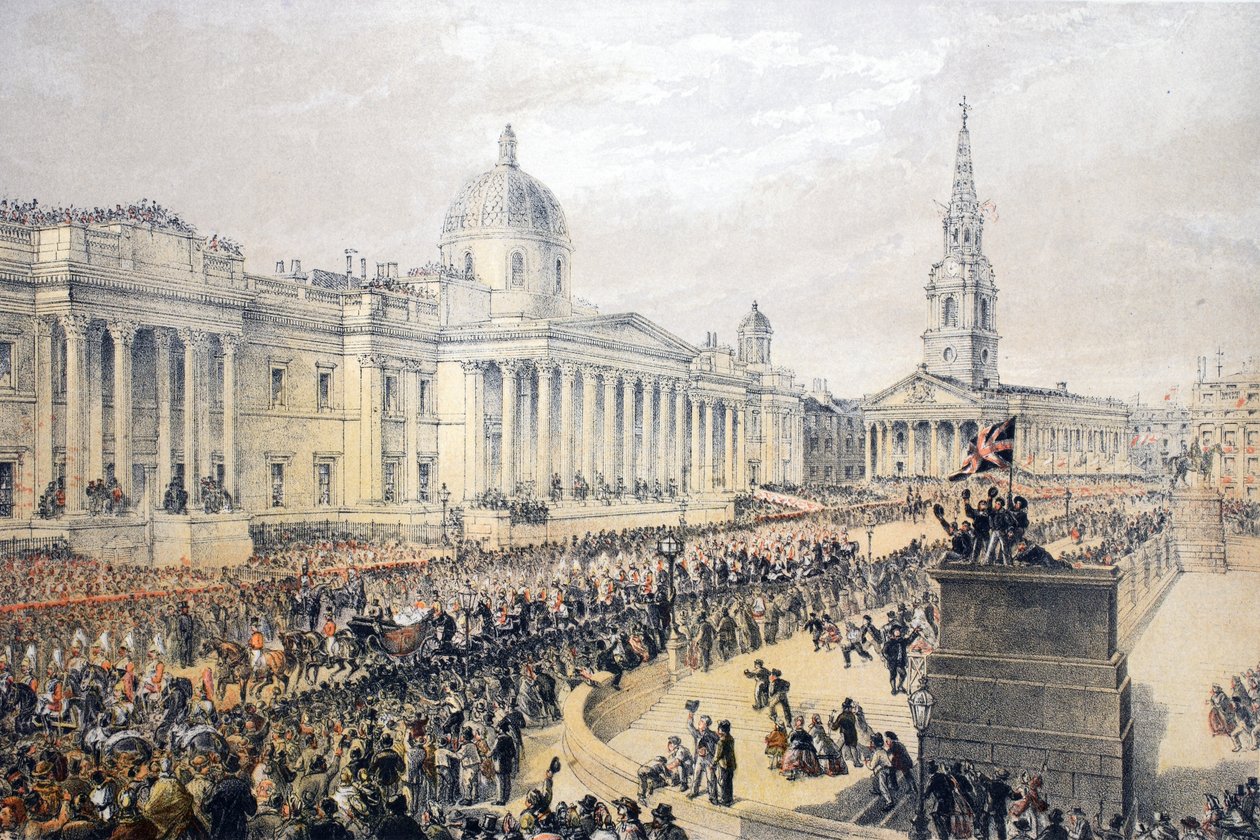 Trafalgar Square, fra A Memorial of the Marriage of Edward VII and Alexandra of Denmark, pub. 1864 af English School