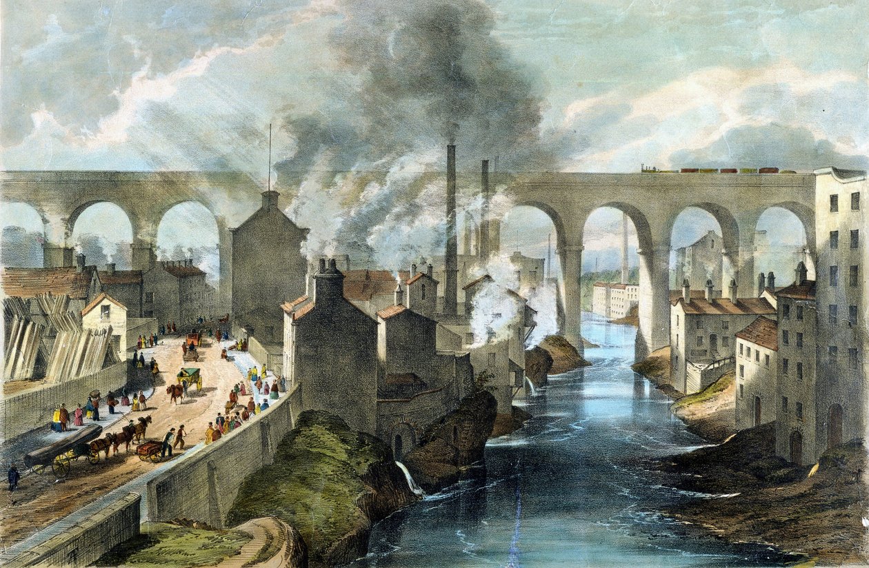 Tog krydser Stockport-viadukten på London  North Western Railway, ca. 1845 (farvelitografi) af English School