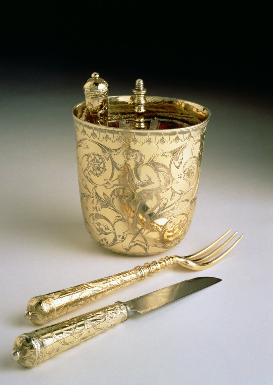 Rejsesæt med kniv, gaffel, ske og bæger, ca. 1690 (sølv) af English School