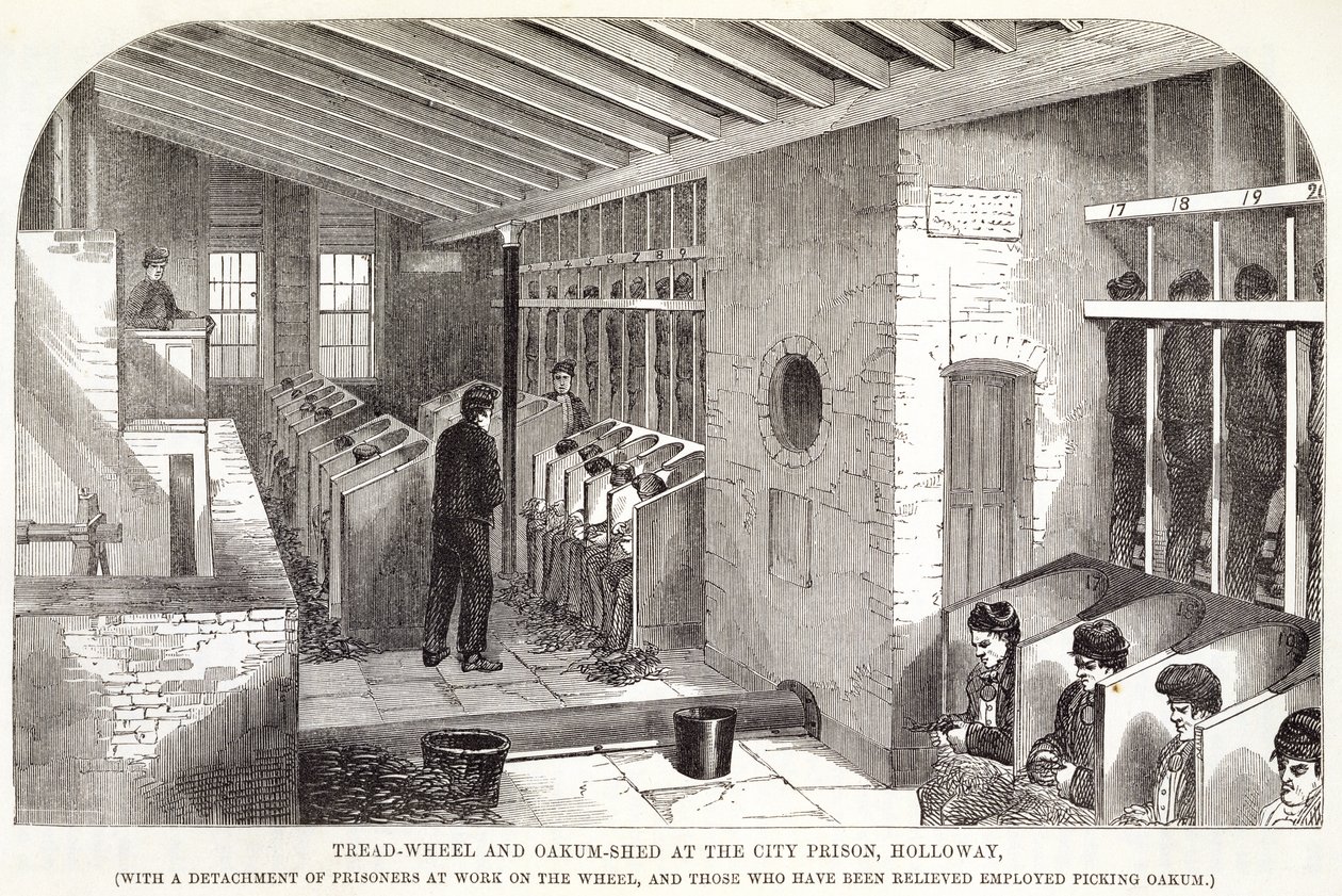 Tread-Wheel og Oakum-Shed i City Prison, Holloway, fra The Criminal Prisons of London og Scenes of Prison Life af Henry Mayhew (1812-87) og John Binny, 1862 af English School