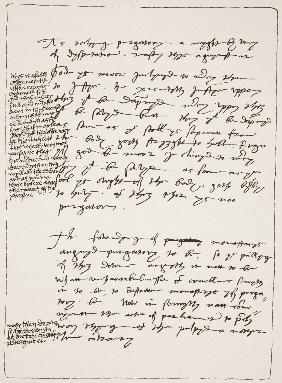 Afhandling af Latimer i hans egen håndskrift, der bestrider doktrinen om transsubstantiation, med marginale noter i Henry VIIIs skrift, fra The Church of England: A History for the People af H.D.M. Sp af English School