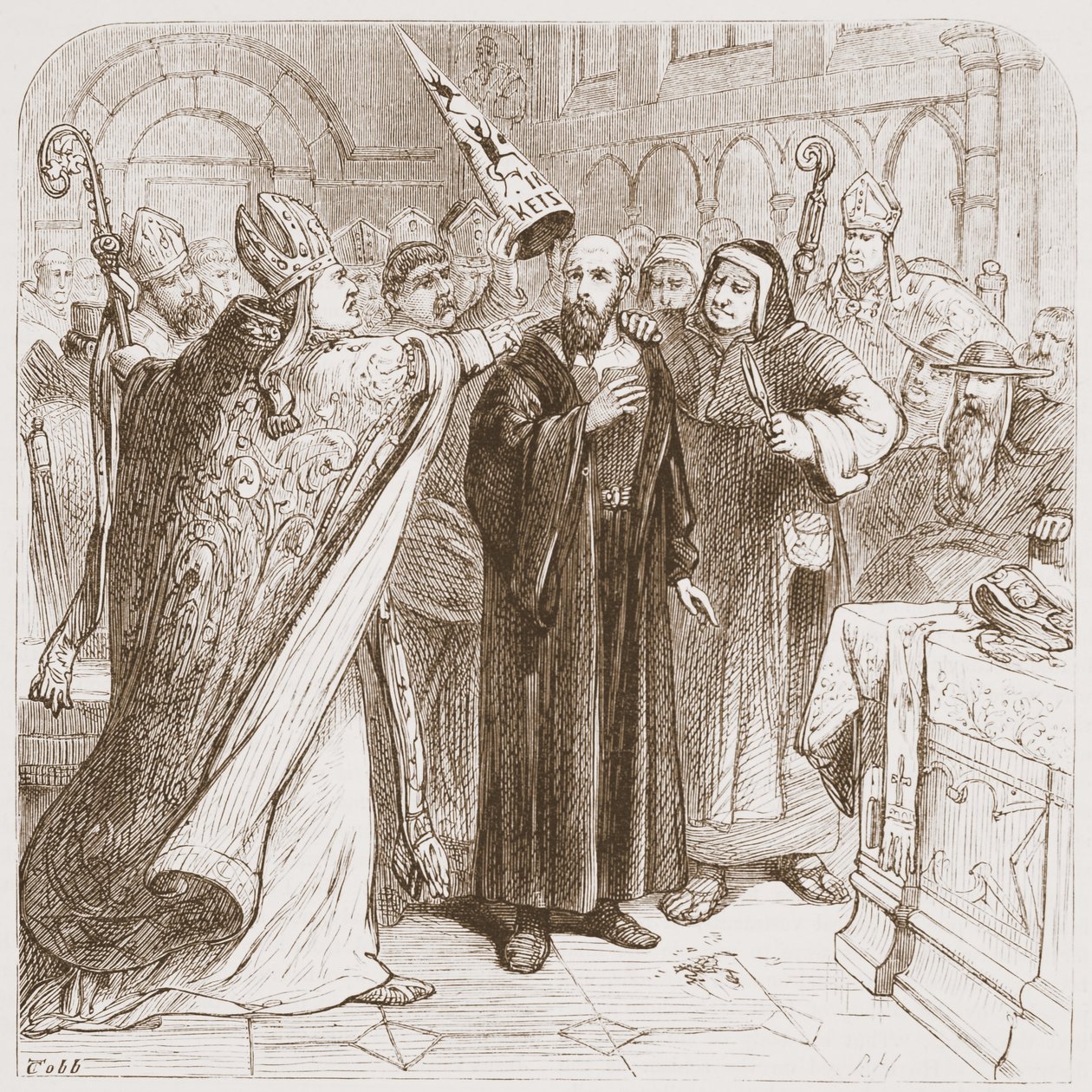 Trial of Huss: Degrading the Martyr, illustration fra The History of Protestantism af James Aitken Wylie (1808-1890), pub. 1878 af English School