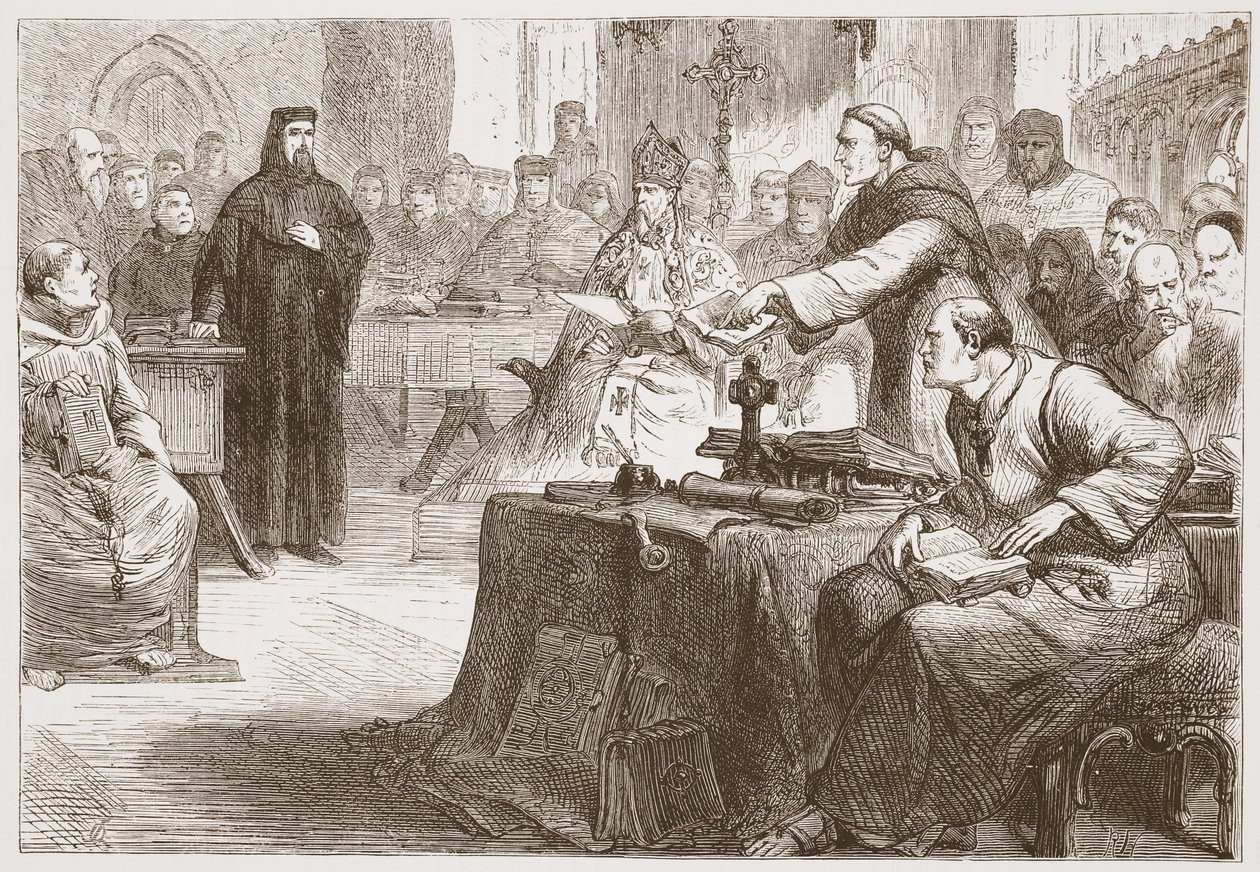 Trial of Wicliffe, illustration fra The History of Protestantism af James Aitken Wylie (1808-1890), pub. 1878 af English School