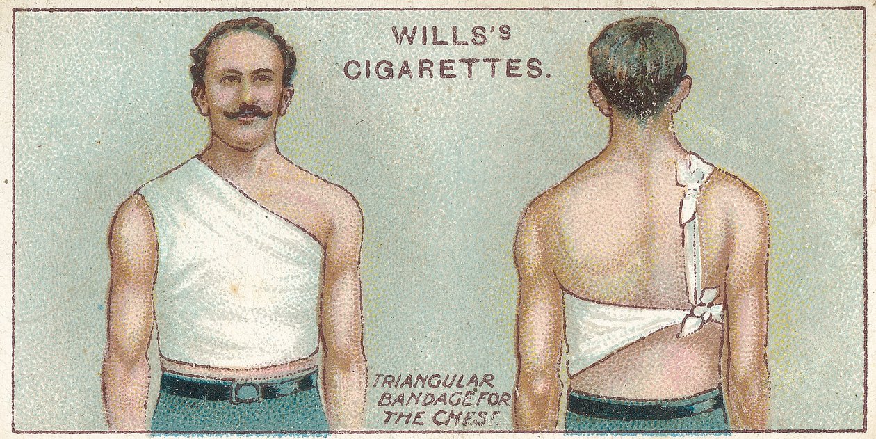 Trekantet bandage til brystet, nr. 37 fra First Aid-serien af Willss Cigarette-kort, 1913 af English School