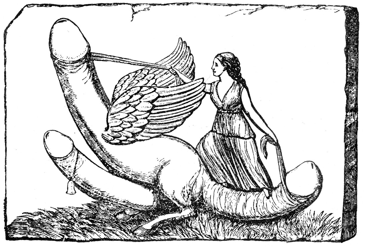 Triple phallus with wings, legs of a dog and a female figure dressed in the Roman stola holding reins, bas-relief sculpture from Nimes in Francedani af English School