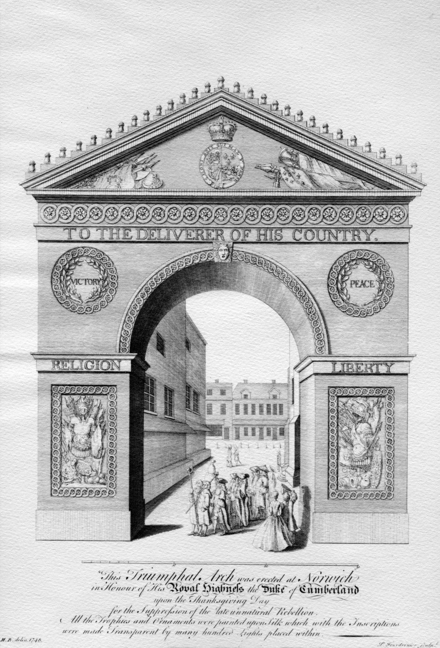 Triumfbue opført i Norwich til ære for hertugen af Cumberland, indgraveret af Paul Fourdrinier, 1746 af English School