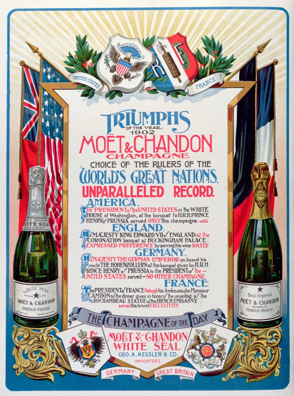 "Årets triumfer 1902, Moet  Chandon Champagne, valg af herskerne over verdens store nationer", annonce i magasinet "The Theatre". af English School