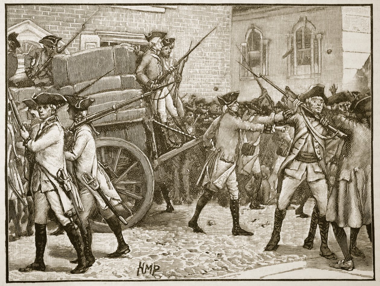 Tropper eskorterer det stemplede papir til rådhuset, New York, 1766, illustration fra Cassells Illustrated History of England (sepiafoto) af English School