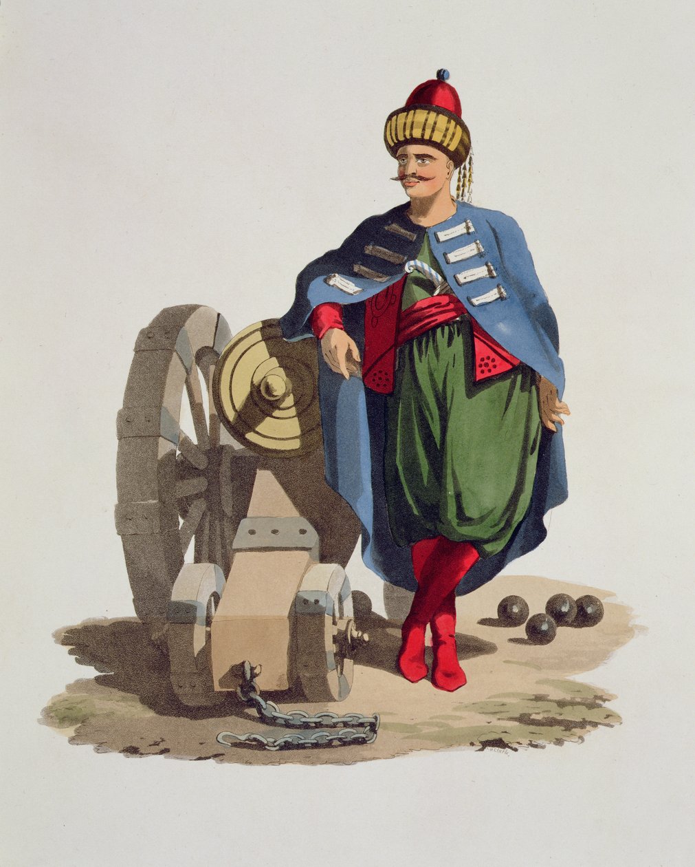 Turkish Soldier, fra Costumes of the Various Nations, bind VII, The Military Costume of Turkey, af Thomas MacLean, udgivet ca. 1800-18 (håndfarvet akvatint) af English School