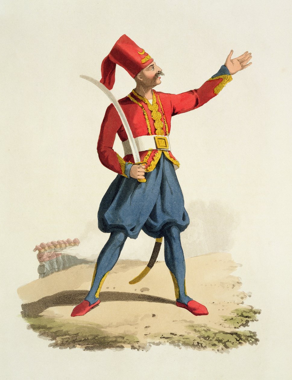 Tyrkisk soldat, fra Costumes of the Various Nations, bind VII, The Military Costume of Turkey, af Thomas MacLean, udgivet ca. 1800-18 (håndfarvet akvatint) af English School