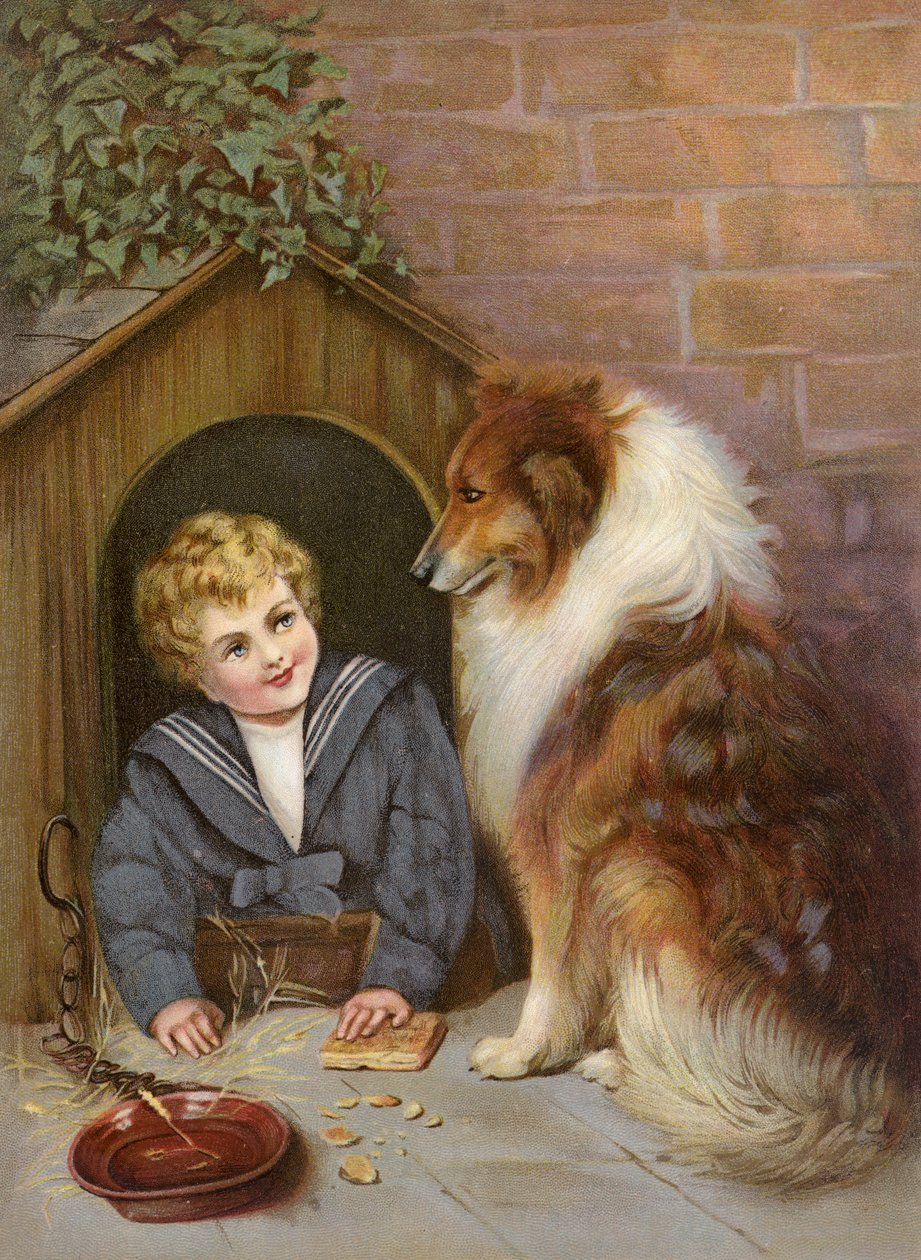 Turned Out - Dreng, der lader som om, han er en collie-hund (farvelitografi) af English School