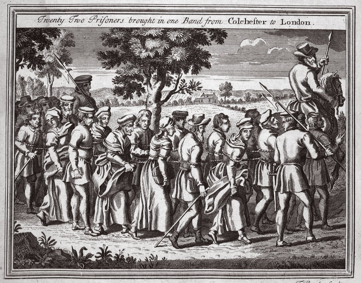 Toogtyve fanger bragte et band fra Colchester til London, illustration fra Foxes Martyrs c.1703 af English School