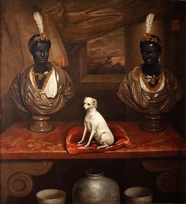 To Blackamoor-buster og en terrier, ca. 1720 af English School