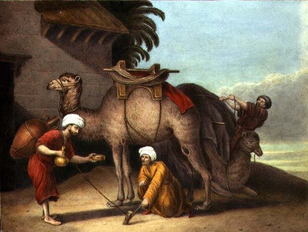 To kameler med ledsagere, ca.1825 (akvarel på papir) af English School