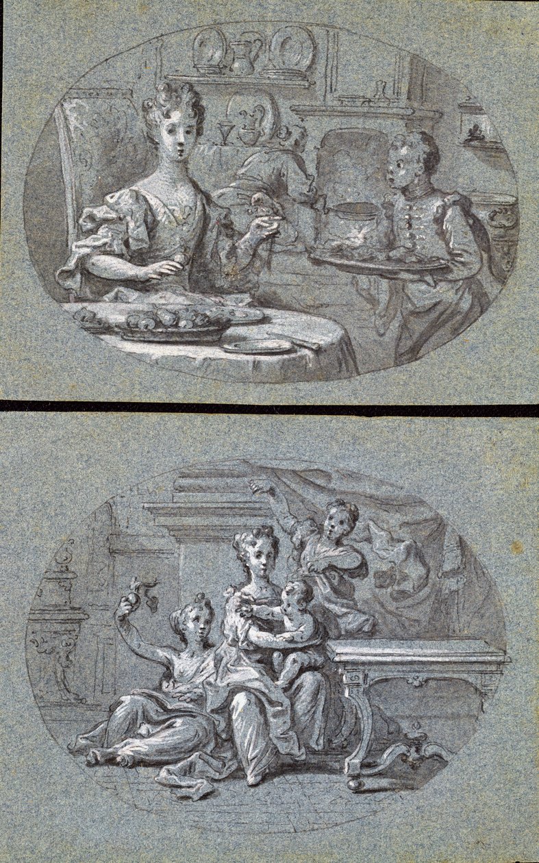 To hjemlige scener, ca. 1725 (sort og hvidt kridt på blåt papir) af English School