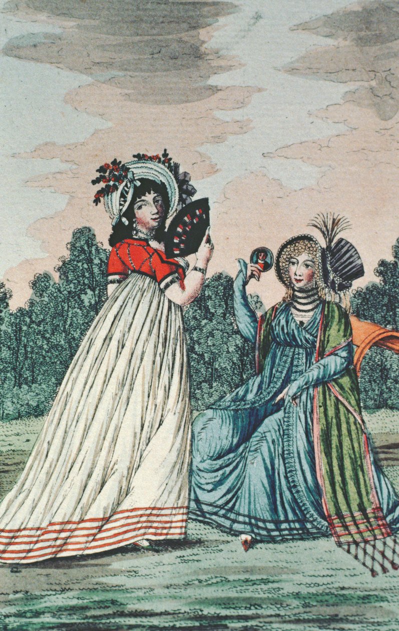 To moderigtige damer i en have, ca. 1800 (farvegravering) af English School
